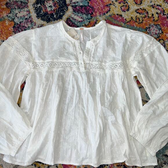 Free People Blouse Top Lace & Texture Dots in White Size M - Picture 1 of 11